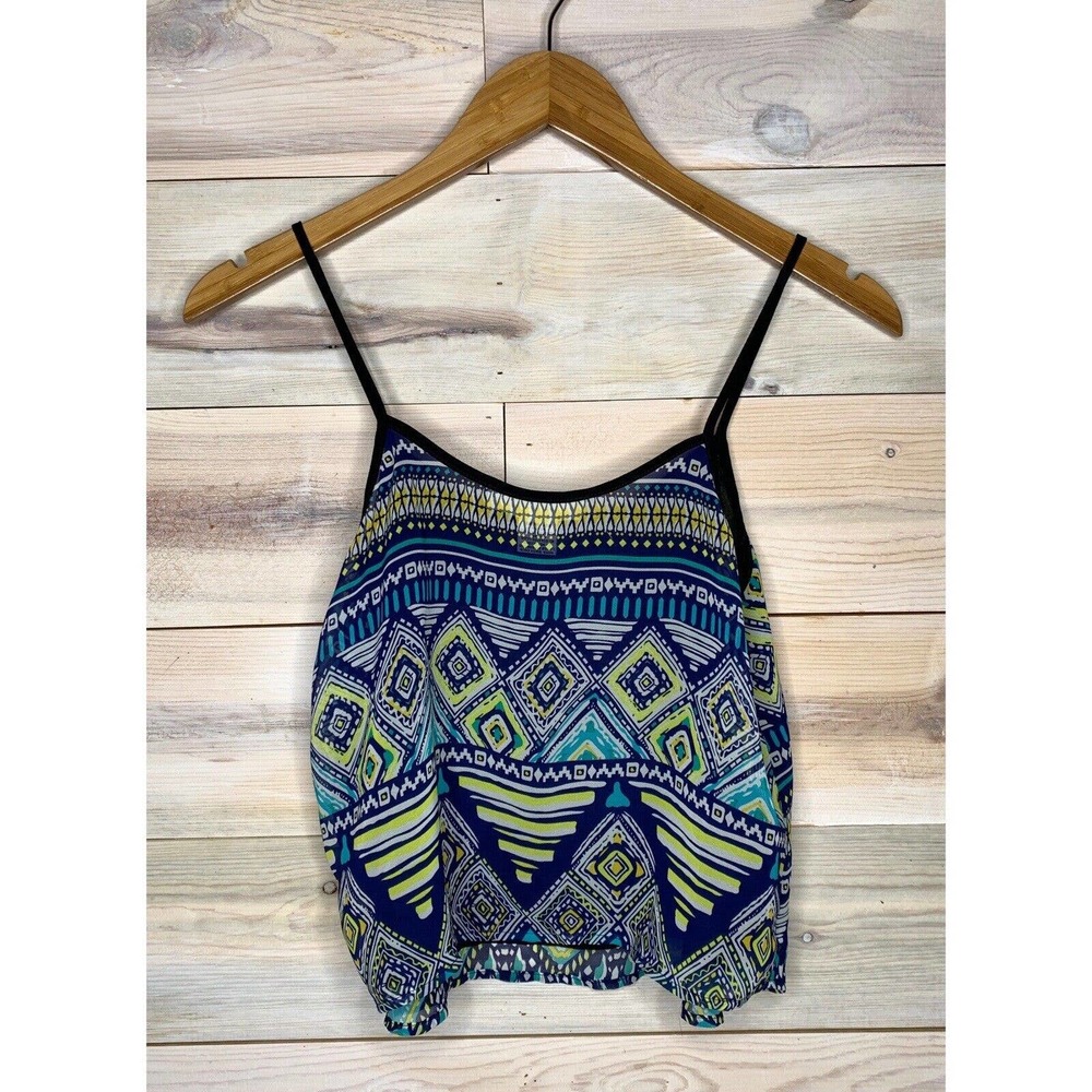 Blue and Neon Yellow Aztec Spaghetti Strap Tank Top - Picture 3 of 3